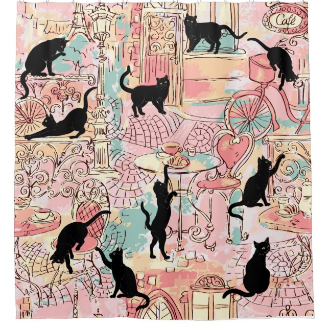 Pink Green French Cat Paris Cafe Shower Curtain (Front)