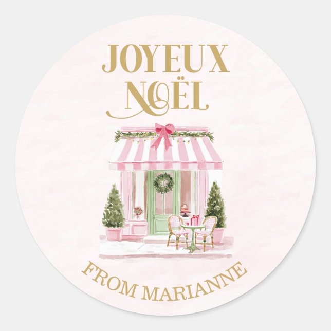Pink & Green French Christmas Paris Café Classic Round Sticker (Front)