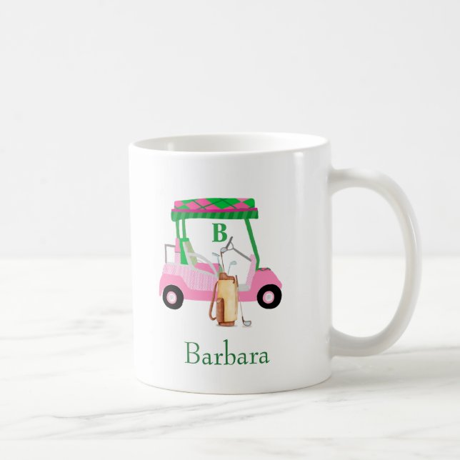 Pink Green Fun Golf Cart with Clubs Monogram  Coffee Mug (Right)