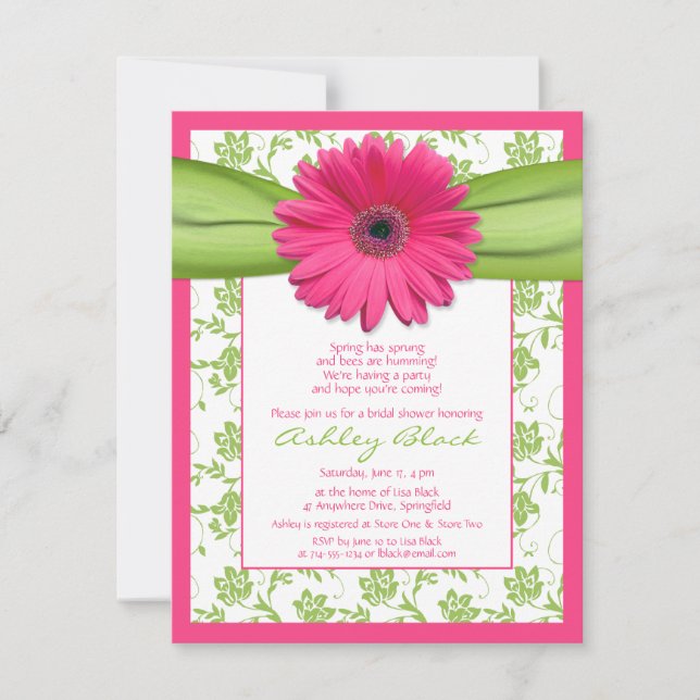 Pink Green Gerbera Daisy Bridal Shower Invitation (Front)