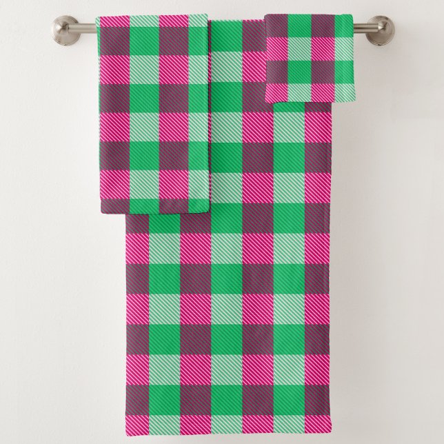 Pink Green Gingham Check Design  Bath Towel Set (Creator Uploaded)