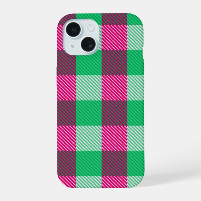 Pink Green Gingham Check Design  iPhone 15 Case (Back)
