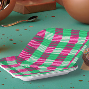 Pink Green Gingham Check Design Paper Plate