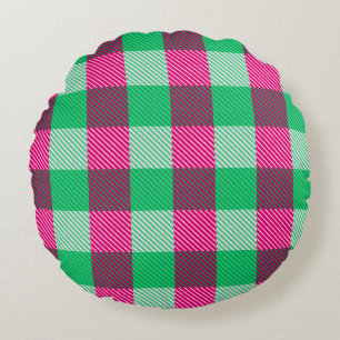 Pink Green Gingham Check Design Round Cushion