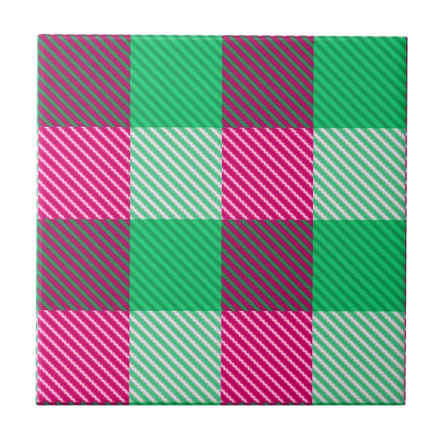Pink Green Gingham Check Design  Tile (Front)