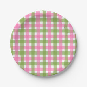 Pink Green Gingham Chequered Summer Garden Party Paper Plate