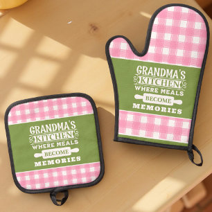 Pink Green Gingham Grandma Meals Become Memories Oven Mitt & Pot Holder Set