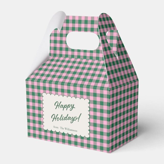 Pink Green Gingham Plaid Personalised Christmas Favour Box (Front Side)