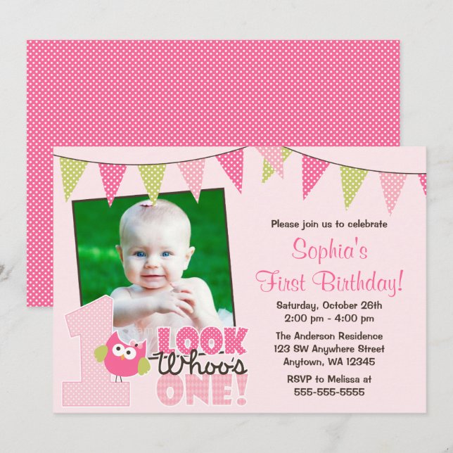 Pink Green Girl Owl 1st Photo Birthday Invitations (Front/Back)