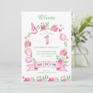 Pink Green Girly First Birthday Invitation