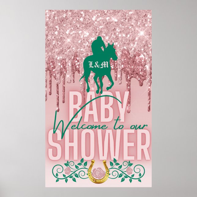 Pink|Green Glitter Drip Derby Baby Shower Welcome Poster (Front)