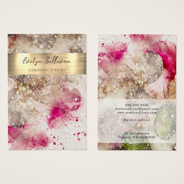 Pink green glitter watercolor jewellery display ca (Front & Back)