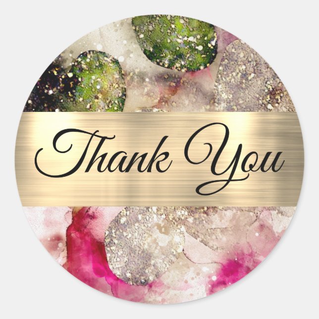 Pink green glitter watercolor Thank you Classic Round Sticker (Front)