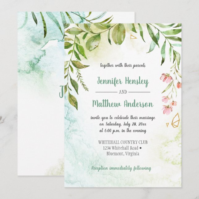 Pink Green Gold Botanicals Wedding Invitation (Front/Back)