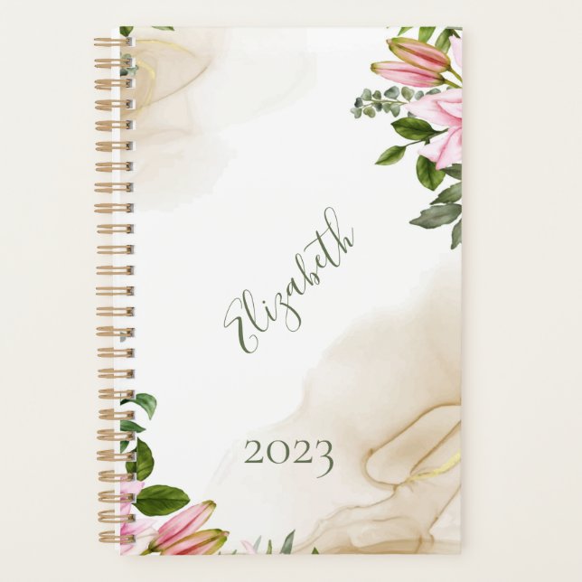Pink Green Gold Floral Personalised Yearly Planner (Front)