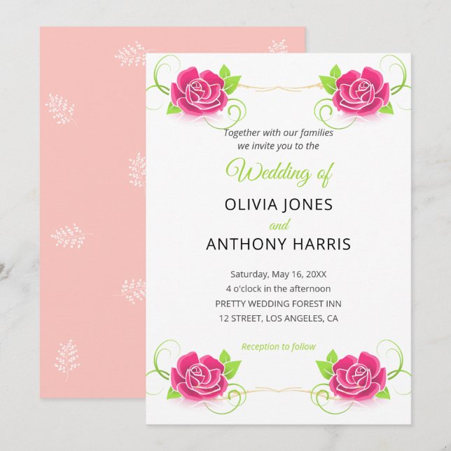 Pink Green Gold Floral Rose Wedding  Invitation (Front/Back)
