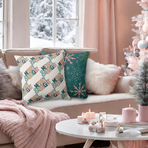 Pink Green Gold Glitter Merry & Bright Snowflakes Cushion