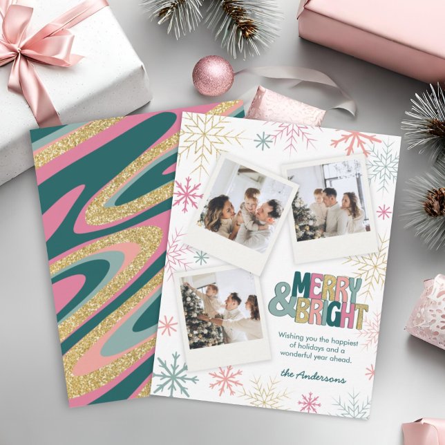 Pink Green Gold Merry & Bright Retro Swirl 3 Photo Holiday Card (Creator Uploaded)