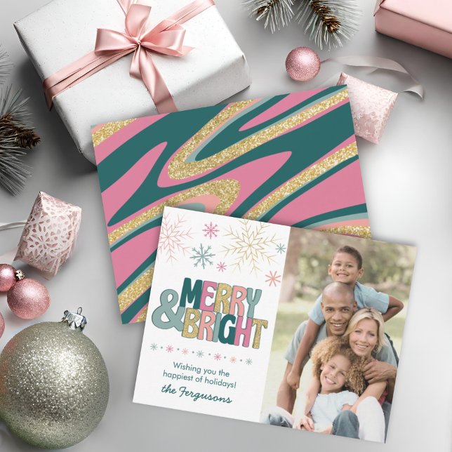 Pink Green Gold Merry & Bright Retro Swirl Photo Holiday Card (Creator Uploaded)