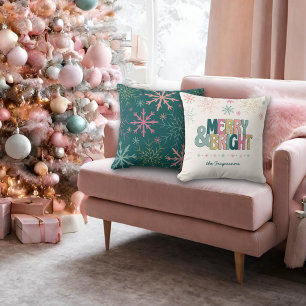 Pink Green Gold Merry & Bright Snowflakes Name Cushion