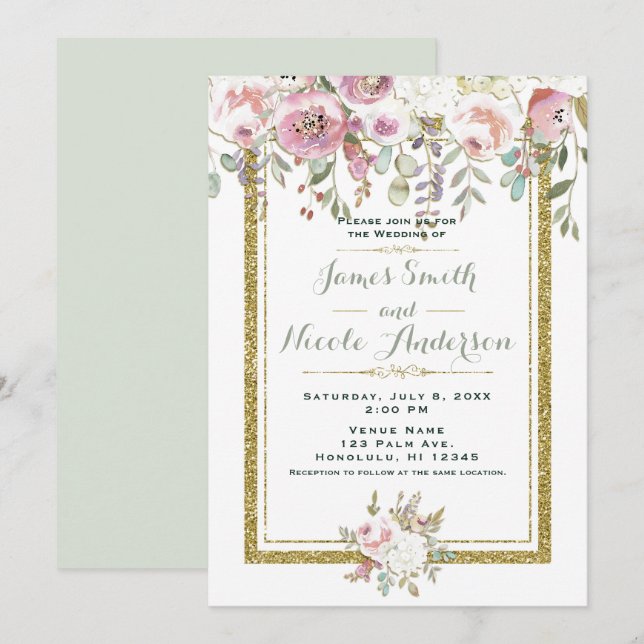 Pink Green & Gold Modern Floral Pastel Wedding Invitation (Front/Back)