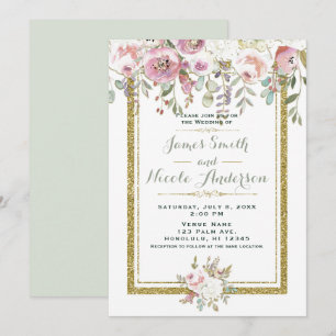 Pink Green & Gold Modern Floral Pastel Wedding Invitation
