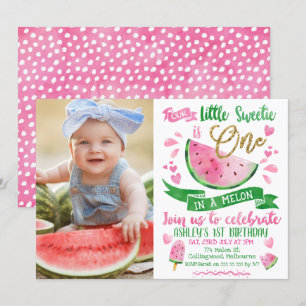 Pink Green Gold One In A Melon Photo 1st Birthday Invitation