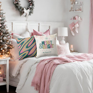 Pink Green Gold Retro Merry Bright Snowflakes Name Cushion
