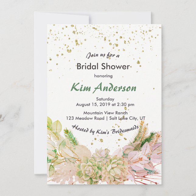 Pink Green Gold Romantic Succulent Bridal Shower Invitation (Front)