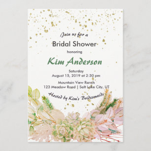 Pink Green Gold Romantic Succulent Bridal Shower Invitation