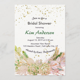 Pink Green Gold Romantic Succulent Bridal Shower Invitation