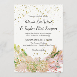 Pink Green Gold Romantic Succulent Wedding Invites