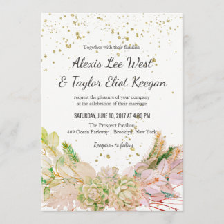 Pink Green Gold Romantic Succulent Wedding Invites
