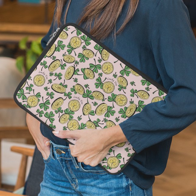 Pink, Green & Gold St Patrick's Lucky You Shamrock Laptop Sleeve (Festive Hand-Drawn Illustrations of Green Clovers and Irish Gold Shamrock Coins. Pink Background.)