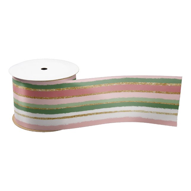 Pink Green Gold Stripes Christmas  Satin Ribbon (Spool)