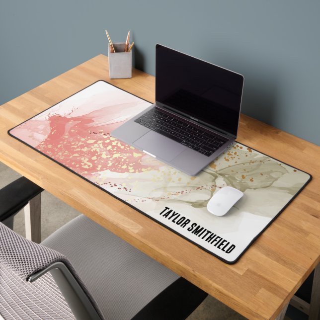 Pink Green Gold Watercolor Paint Custom Name Desk Mat (Office 2)
