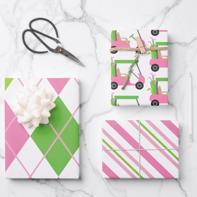 Pink & Green Golf Argyle Stripes Gift Wrap Sheets (Front)