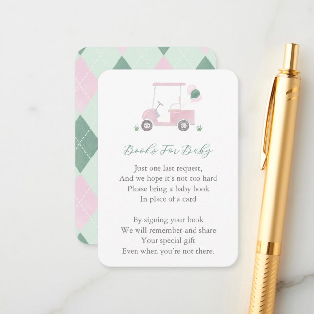Pink Green Golf Cart Baby Shower Bring A Book  Enclosure Card (Front/Back In Situ)