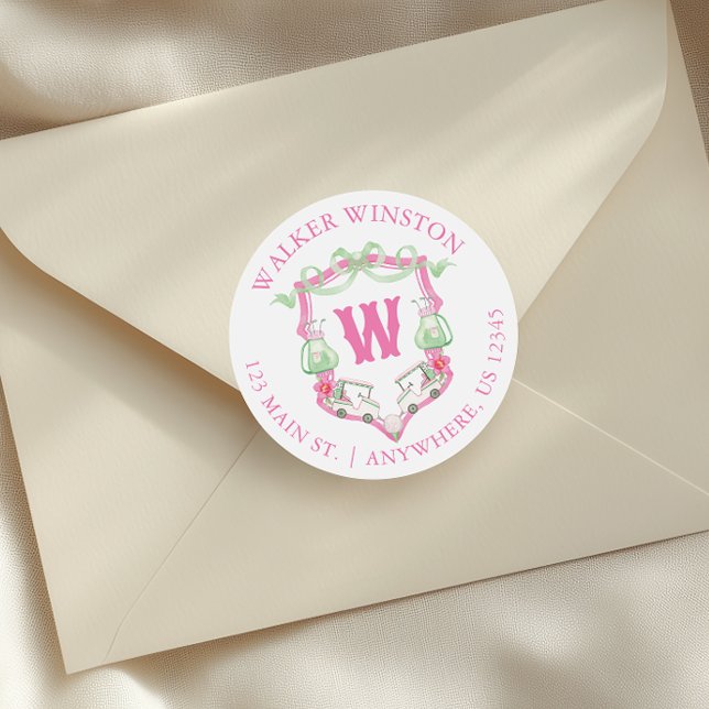 Pink & Green Golf Cart Monogram Crest Address Classic Round Sticker (Creator Uploaded)