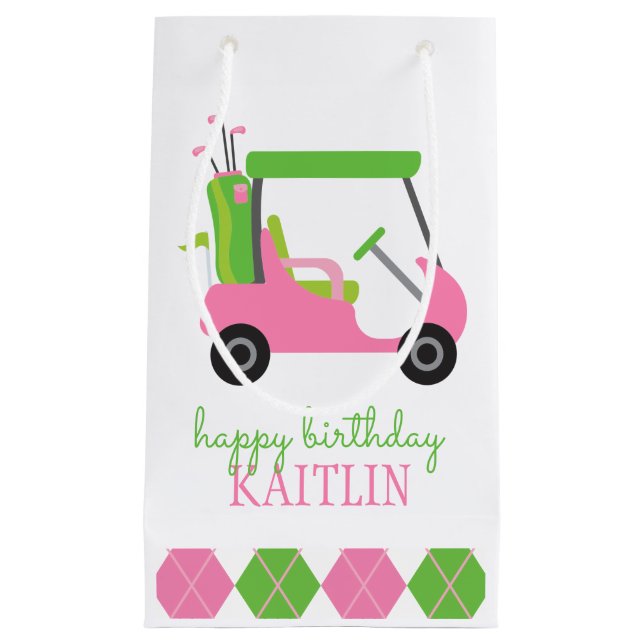 Pink & Green Golf Cart Personalised Gift Bag (Front)