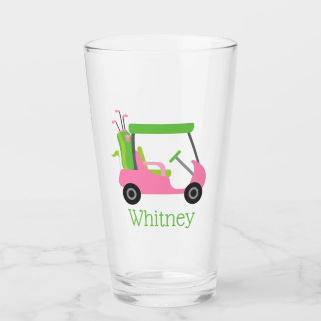 Pink & Green Golf Cart Personalised Glass Tumbler (Front)
