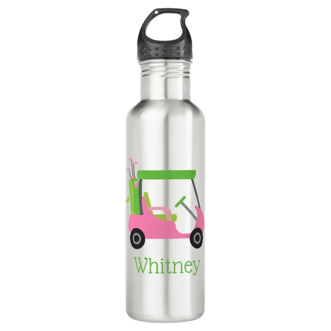 Pink & Green Golf Cart Personalised Water Bottle (Front)