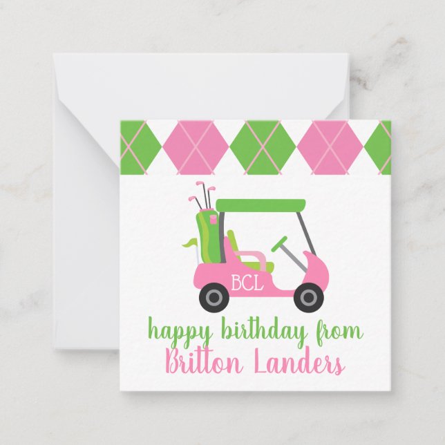 Pink & Green Golf Personalise Gift Enclosure Cards (Front)