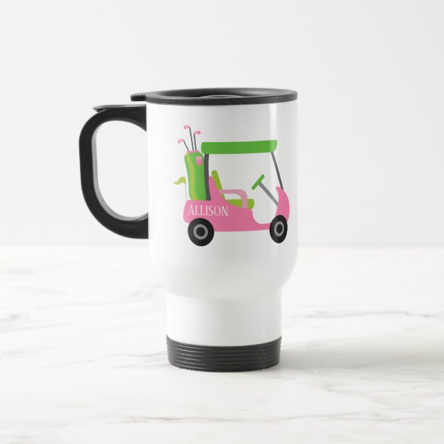 Pink & Green Golf Personalised Commuter Mug (Left)