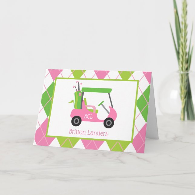 Pink & Green Golf Personalised Folded Note Cards (Front)