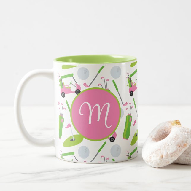 Pink & Green Golf Personalised Monogrammed Two-Tone Coffee Mug (With Donut)