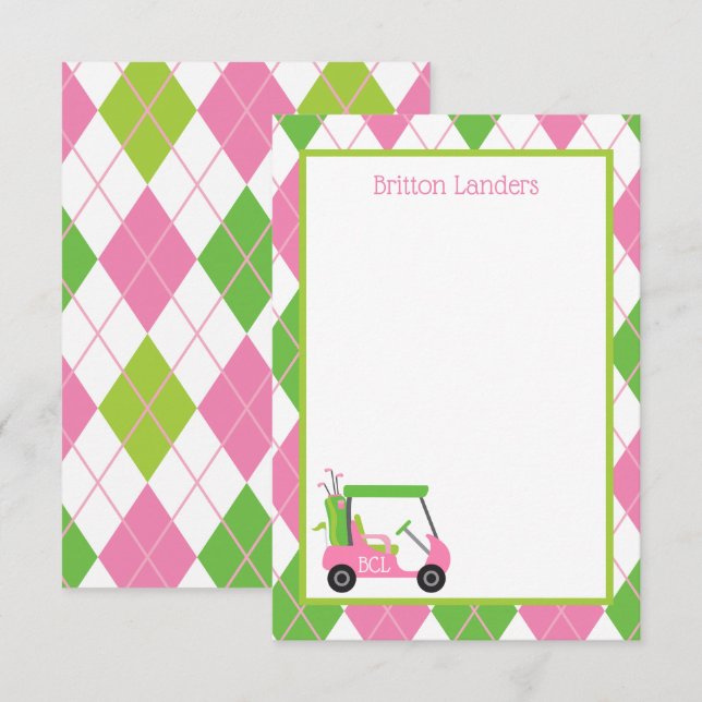 Pink & Green Golf Personalised Note Cards (Front/Back)