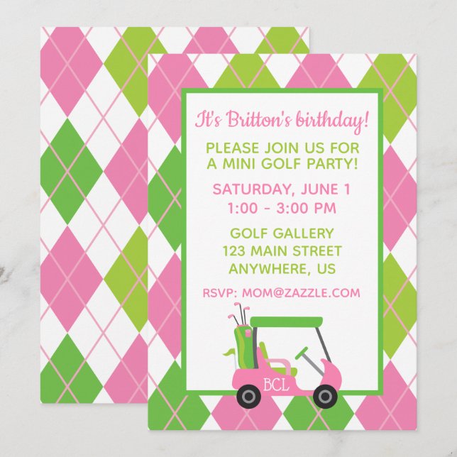 Pink & Green Golf Personalised Party Invitations (Front/Back)