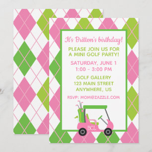 Pink & Green Golf Personalised Party Invitations