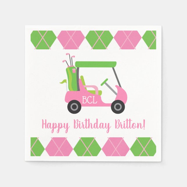 Pink & Green Golf Personalised Party Napkins (Front)